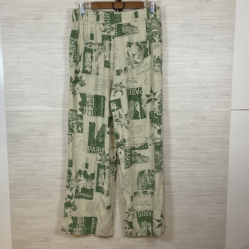 Urban Outfitters Wide Leg Printed Green Cream Beach Pants Large Flowy - Picture 8 of 11